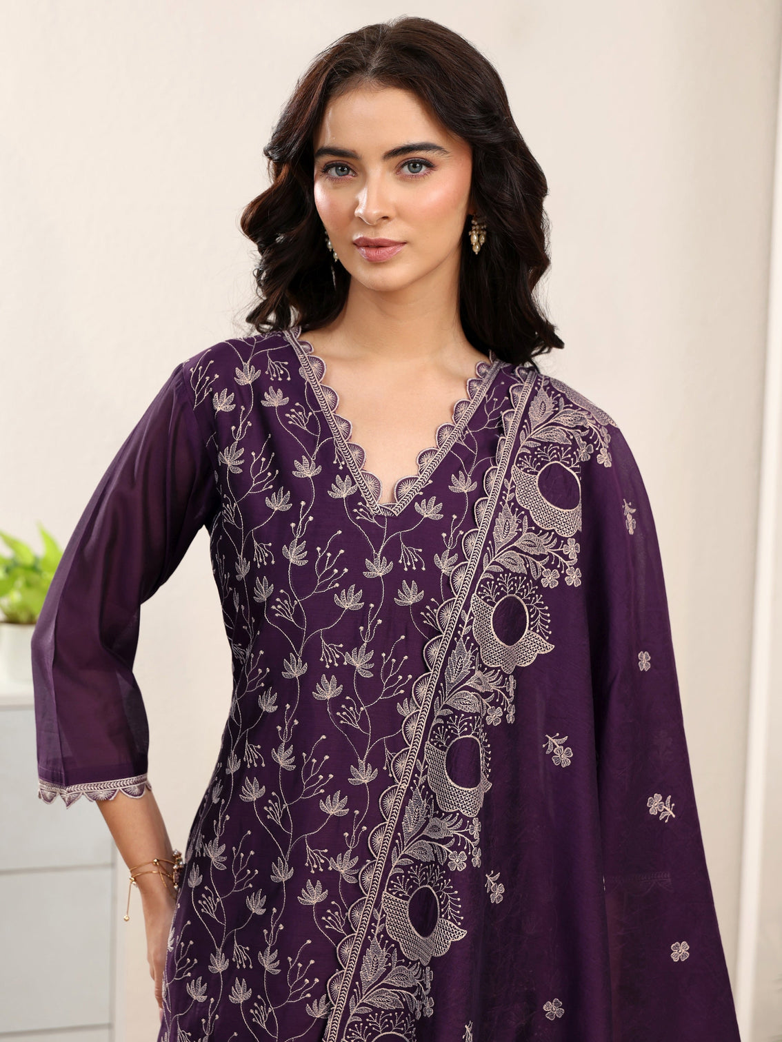 Mameraa Aubergine Purple Embroidered Chanderi Silk Straight Suit Set