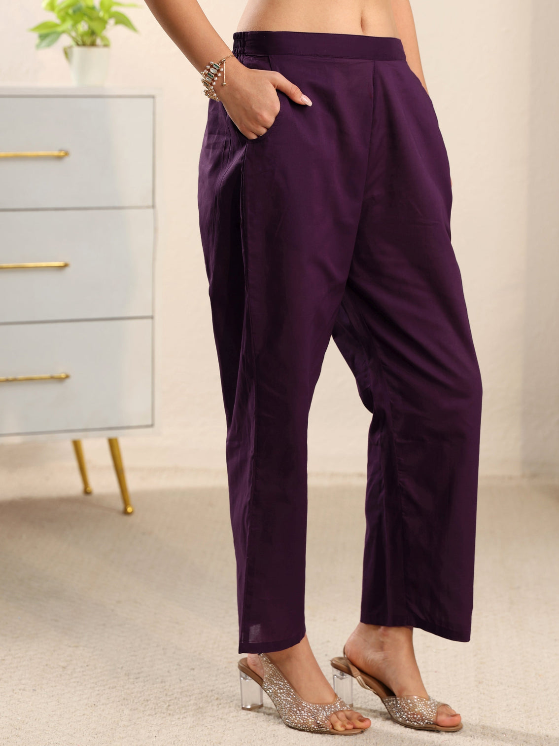 Mameraa Aubergine Purple Embroidered Chanderi Silk Straight Suit Set