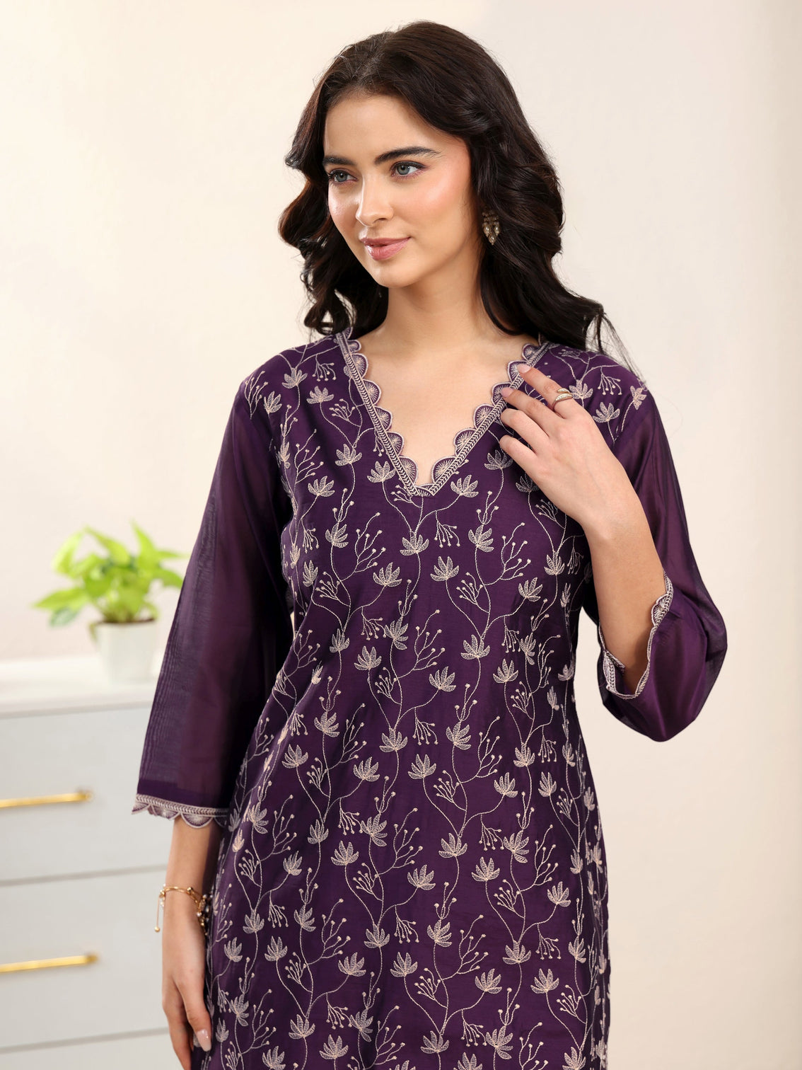 Mameraa Aubergine Purple Embroidered Chanderi Silk Straight Suit Set