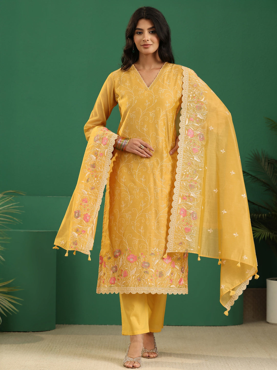 Mameraa Yellow Floral Embroidered Chanderi Silk Straight Suit Set