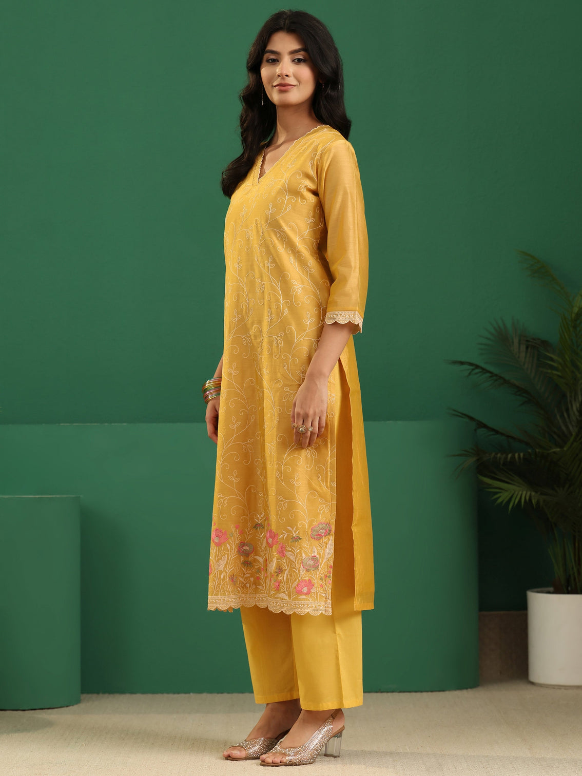 Mameraa Yellow Floral Embroidered Chanderi Silk Straight Suit Set