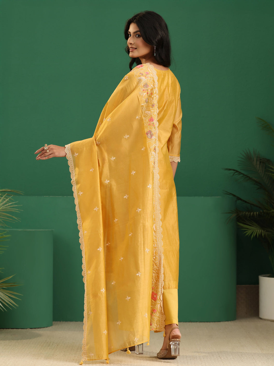 Mameraa Yellow Floral Embroidered Chanderi Silk Straight Suit Set