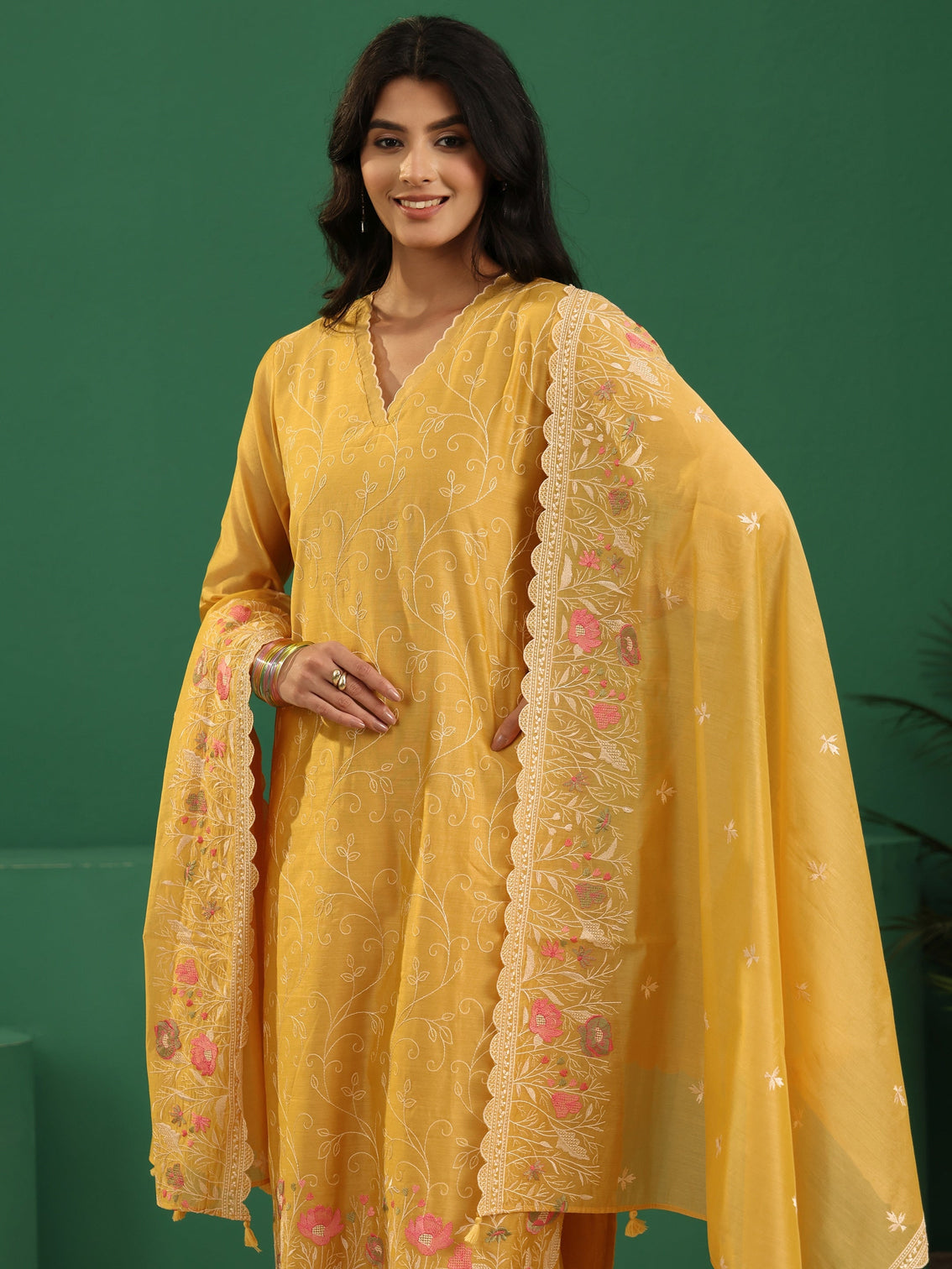 Mameraa Yellow Floral Embroidered Chanderi Silk Straight Suit Set
