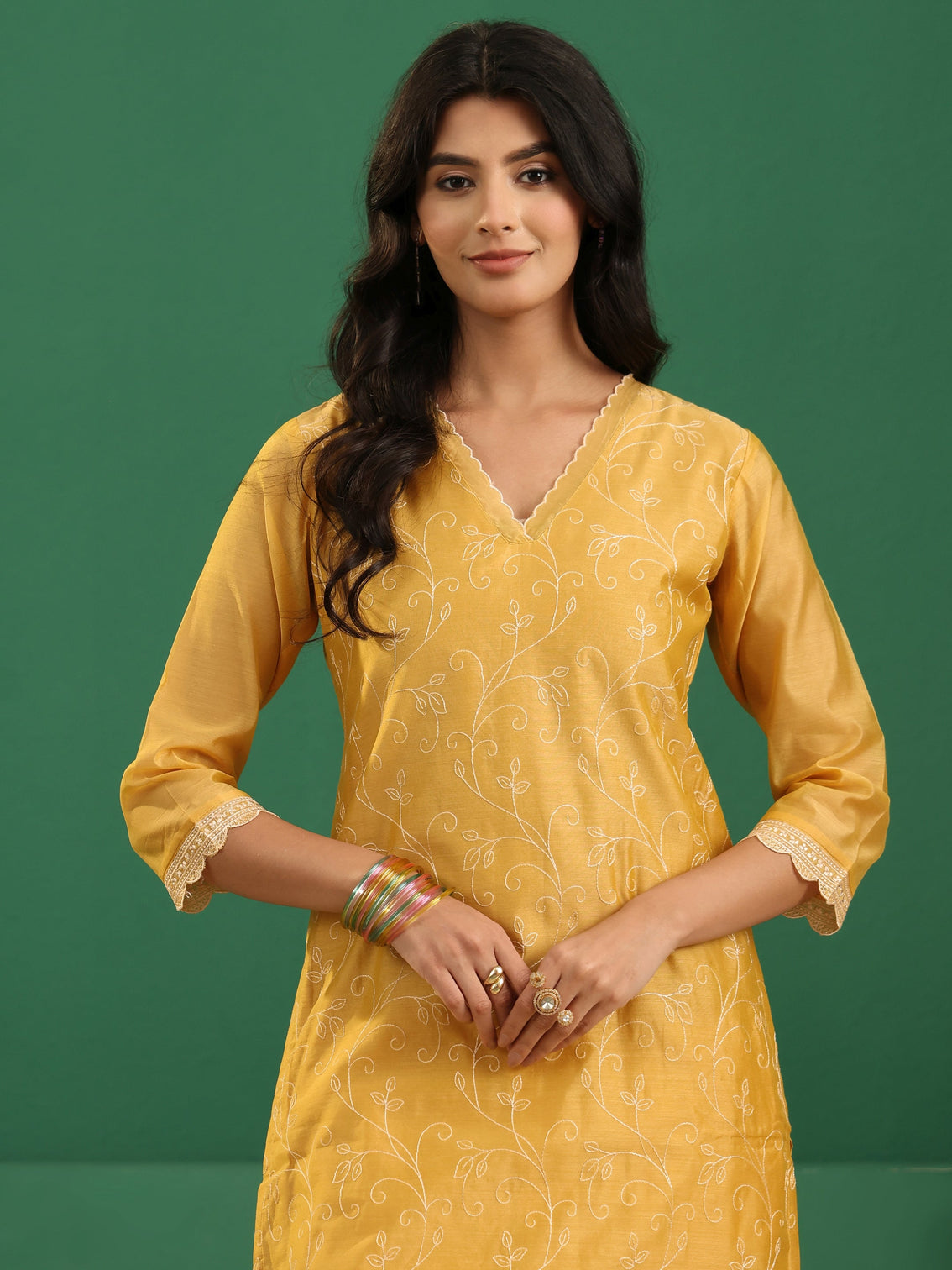 Mameraa Yellow Floral Embroidered Chanderi Silk Straight Suit Set