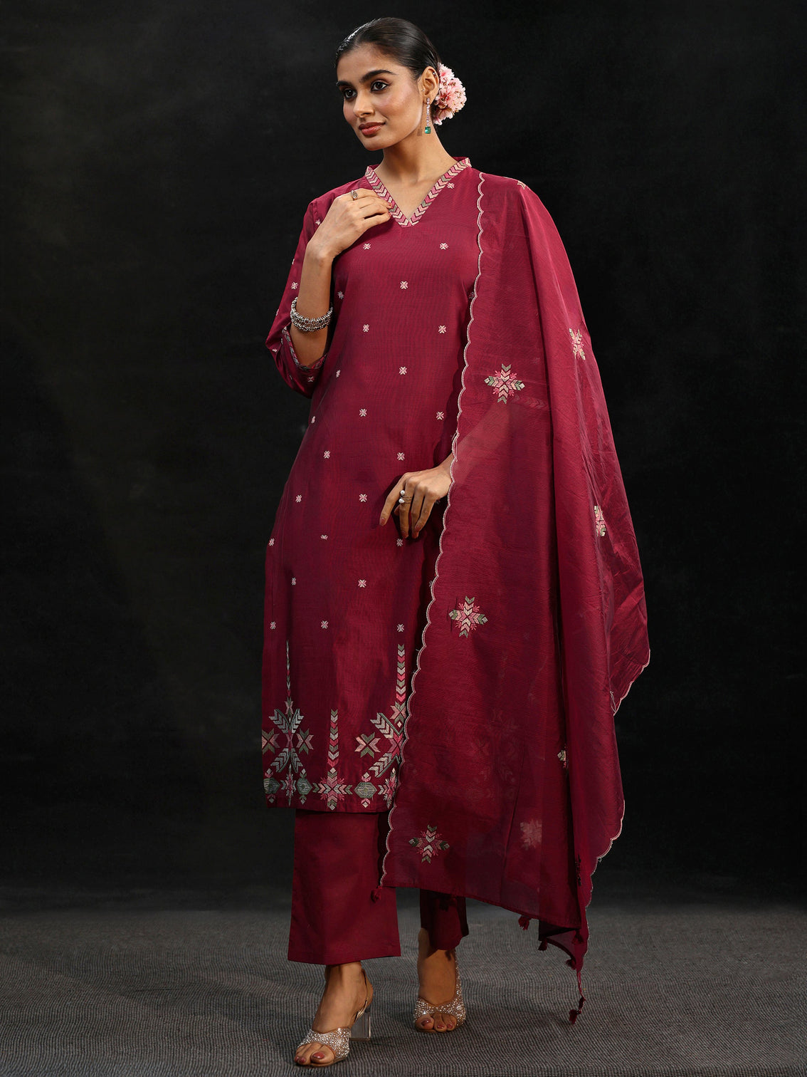 Mameraa Maroon Red Embroidered Chanderi Silk Straight Suit Set