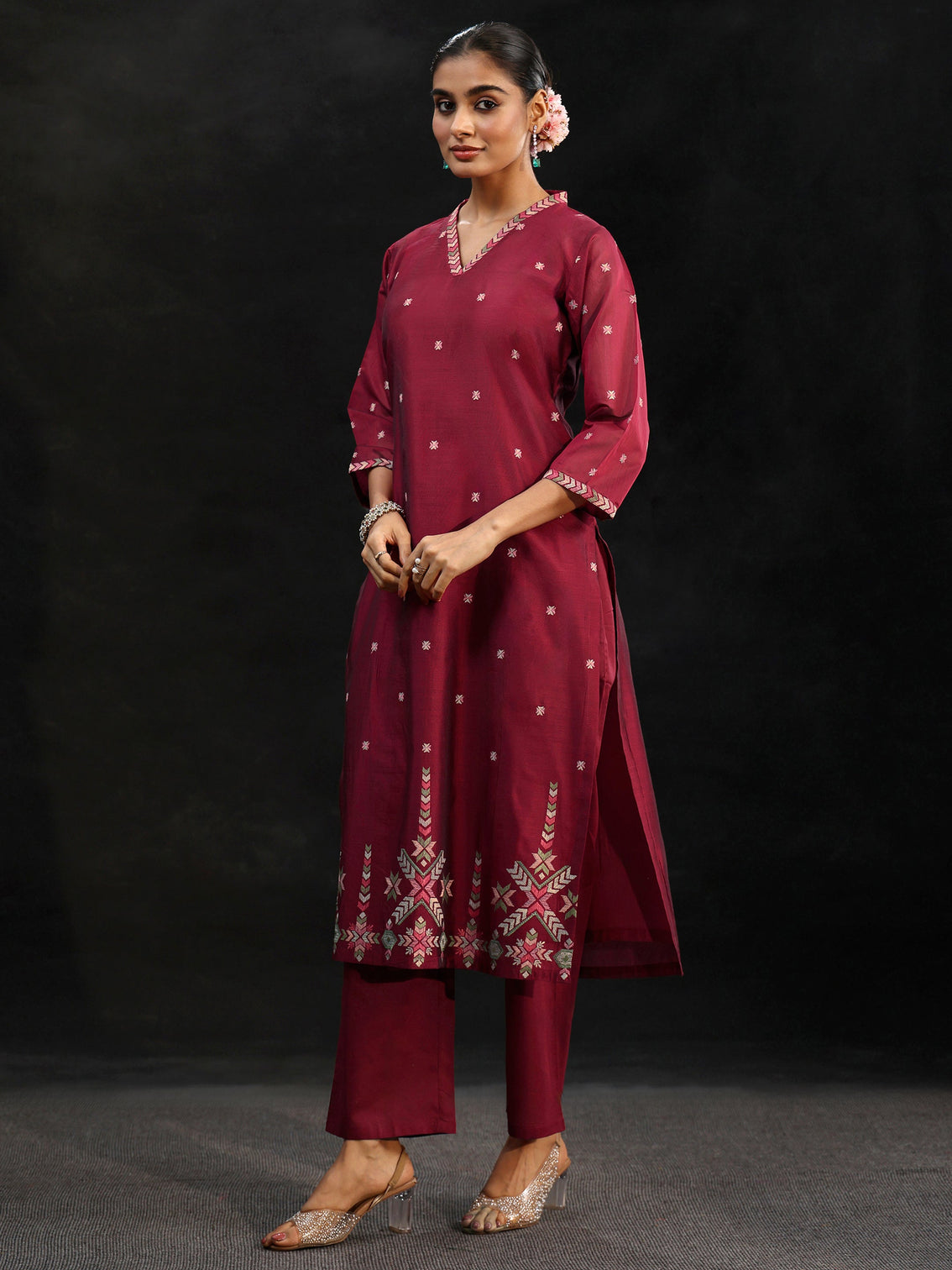 Mameraa Maroon Red Embroidered Chanderi Silk Straight Suit Set