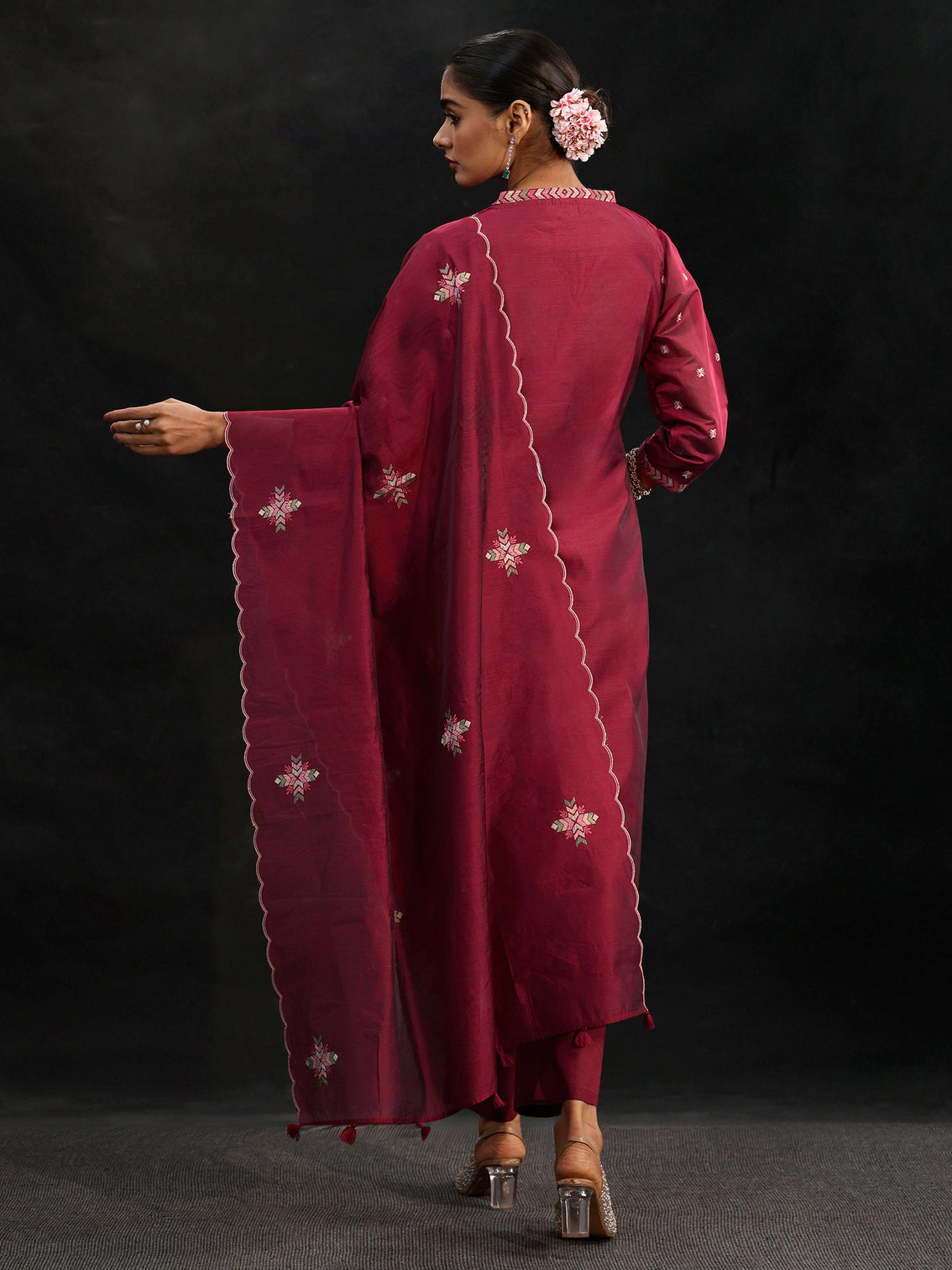 Mameraa Maroon Red Embroidered Chanderi Silk Straight Suit Set