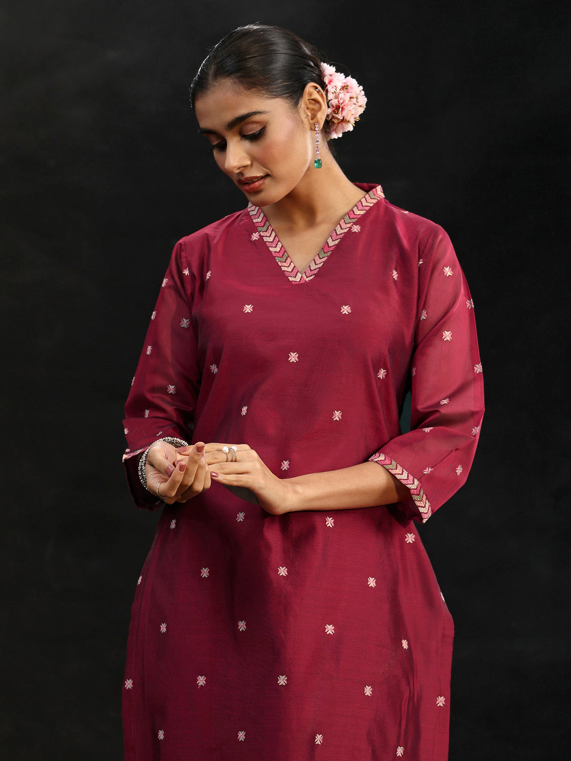 Mameraa Maroon Red Embroidered Chanderi Silk Straight Suit Set