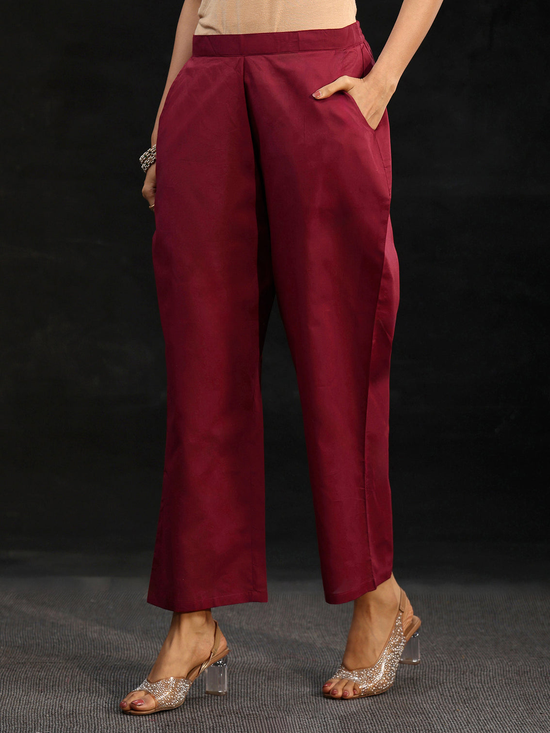 Mameraa Maroon Red Embroidered Chanderi Silk Straight Suit Set