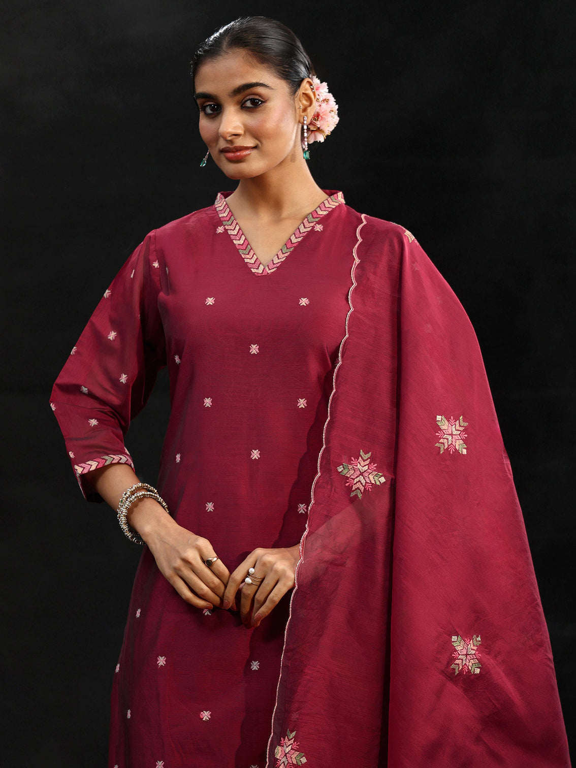 Mameraa Maroon Red Embroidered Chanderi Silk Straight Suit Set