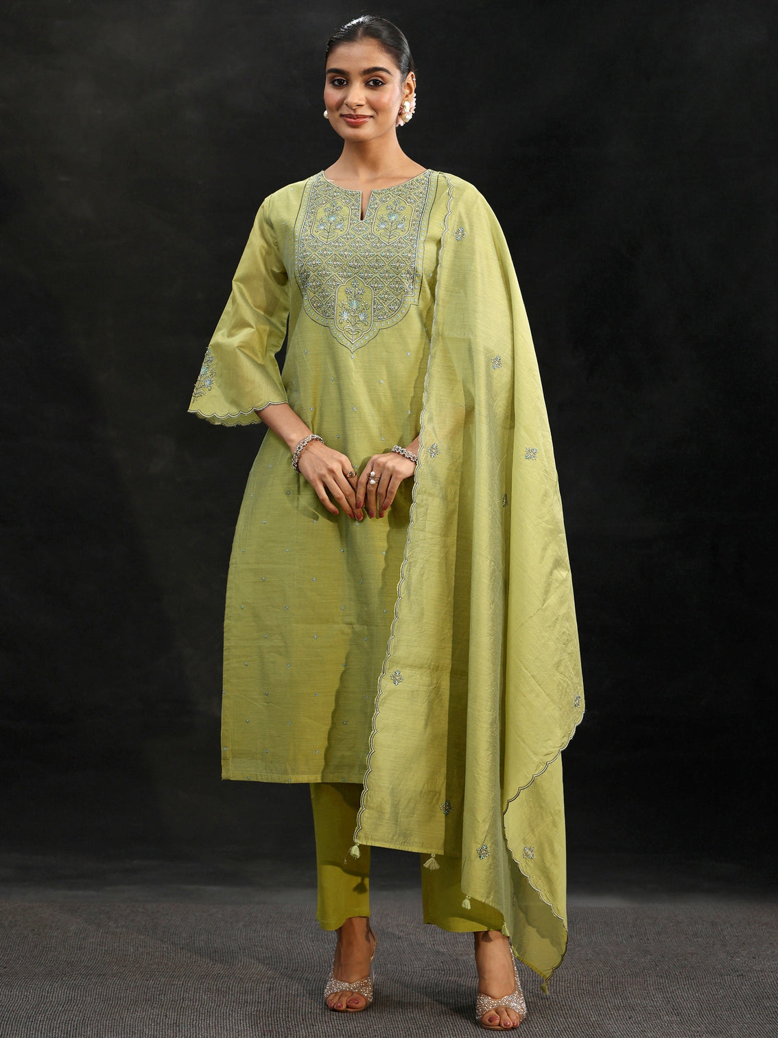 Mameraa Pista Green Yoke Embroidered Chanderi Silk Straight Suit Set