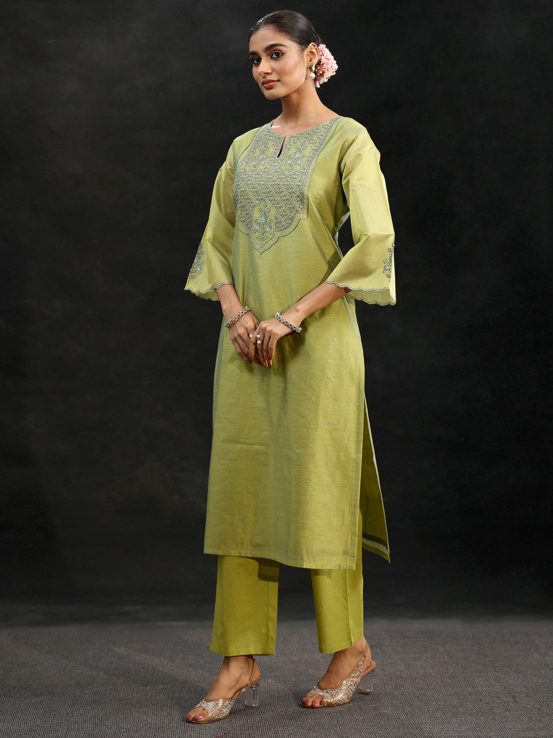 Mameraa Pista Green Yoke Embroidered Chanderi Silk Straight Suit Set