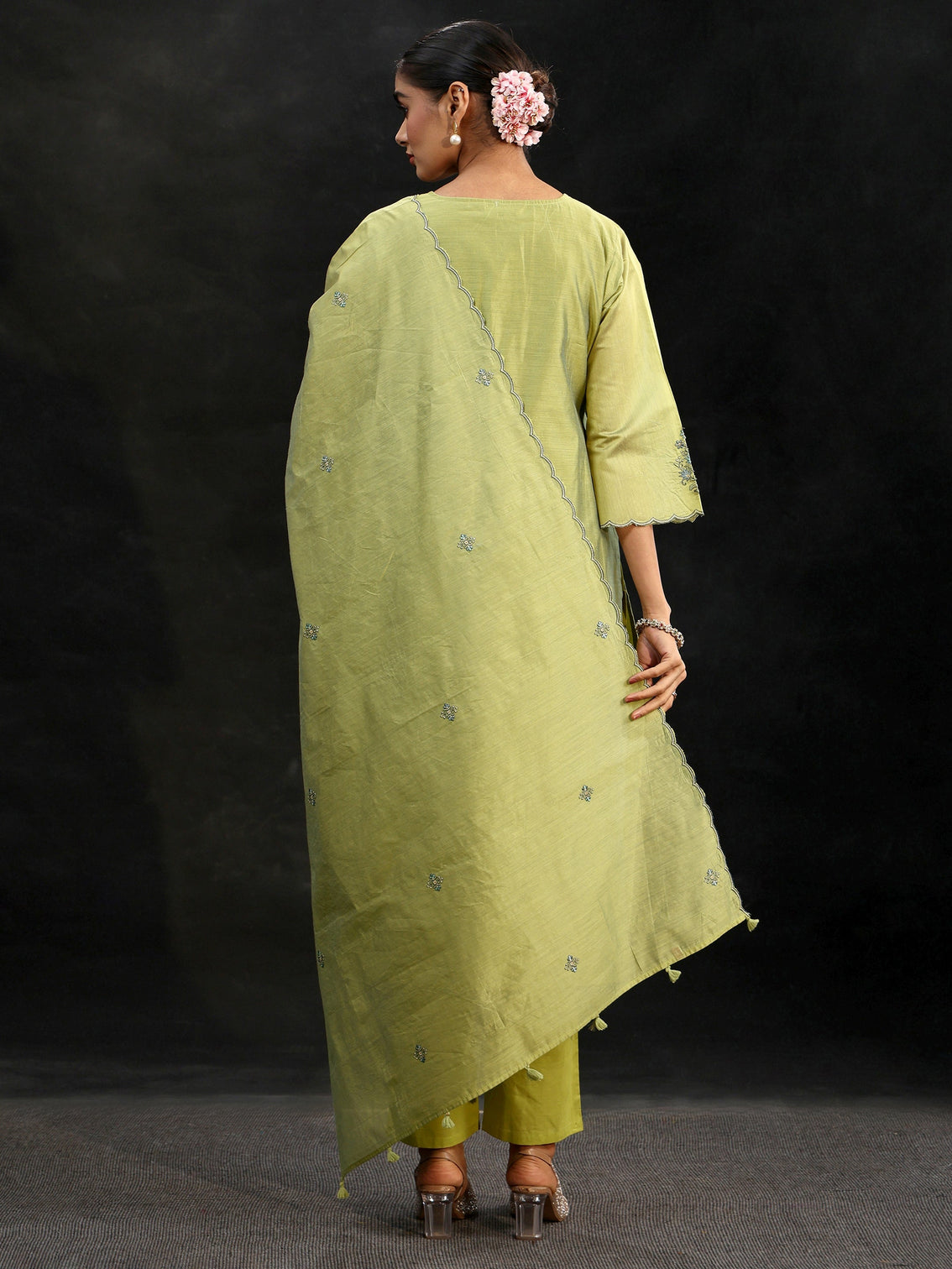 Mameraa Pista Green Yoke Embroidered Chanderi Silk Straight Suit Set