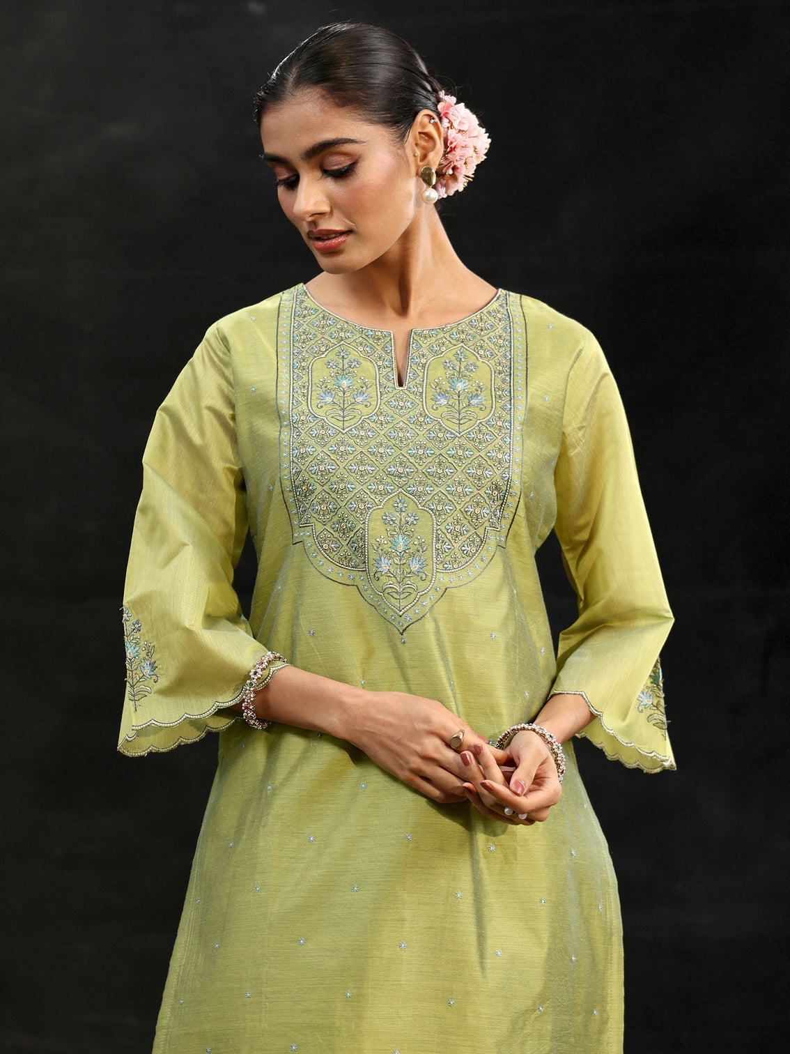 Mameraa Pista Green Yoke Embroidered Chanderi Silk Straight Suit Set
