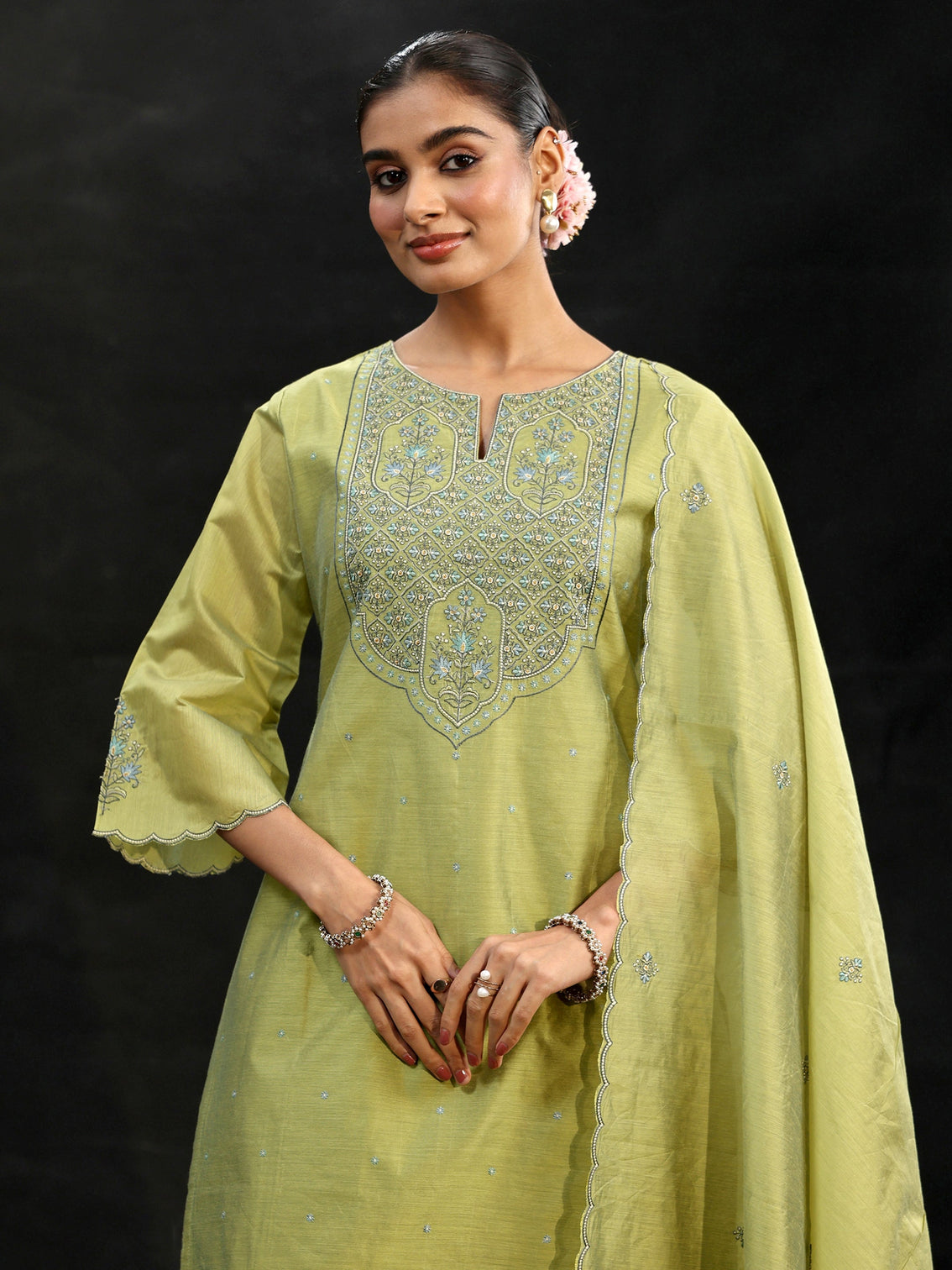 Mameraa Pista Green Yoke Embroidered Chanderi Silk Straight Suit Set