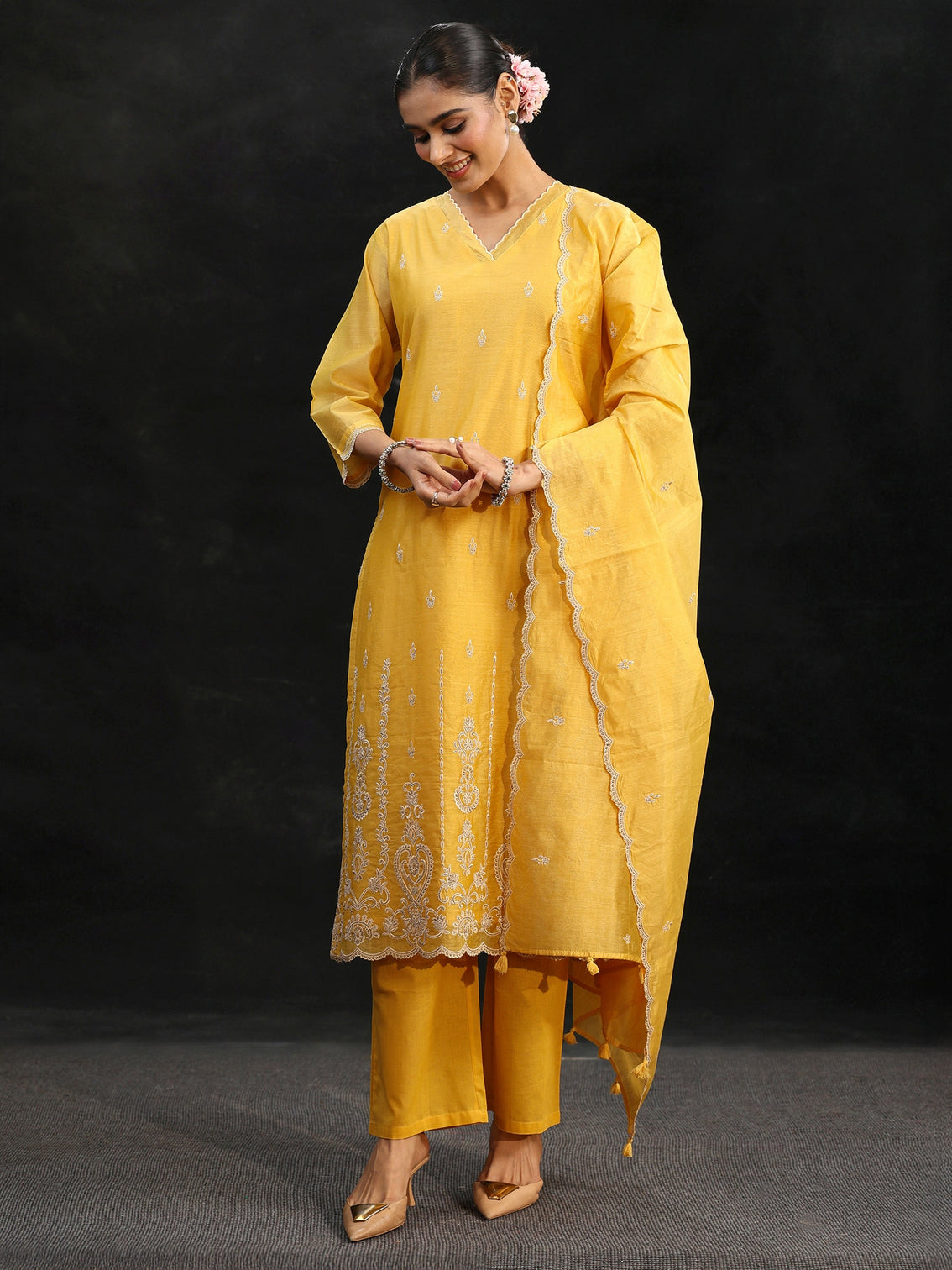 Mameraa Sunshine Yellow Embroidered Chanderi Silk Straight Suit Set