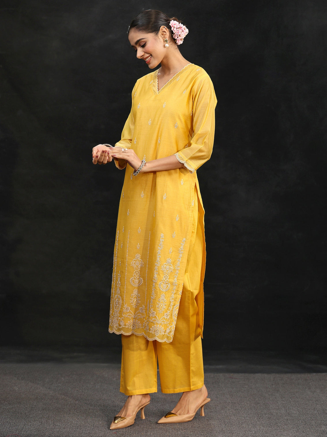 Mameraa Sunshine Yellow Embroidered Chanderi Silk Straight Suit Set
