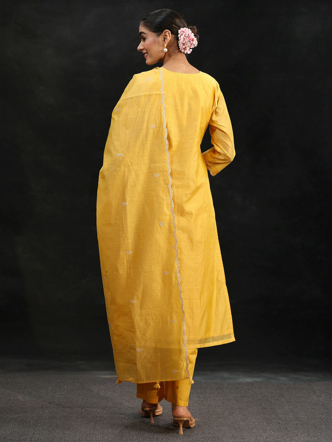 Mameraa Sunshine Yellow Embroidered Chanderi Silk Straight Suit Set
