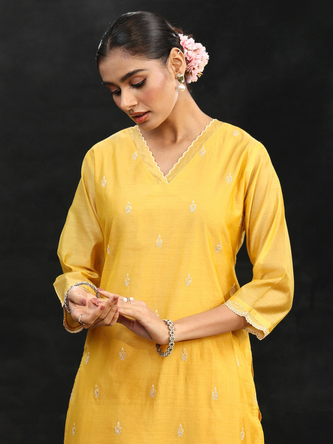 Mameraa Sunshine Yellow Embroidered Chanderi Silk Straight Suit Set