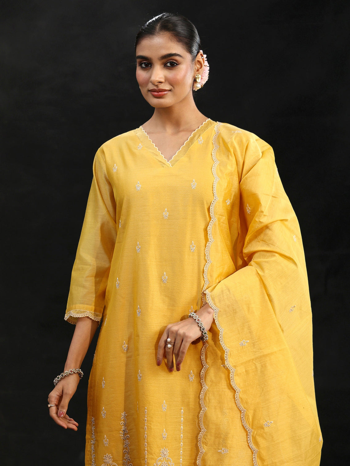 Mameraa Sunshine Yellow Embroidered Chanderi Silk Straight Suit Set