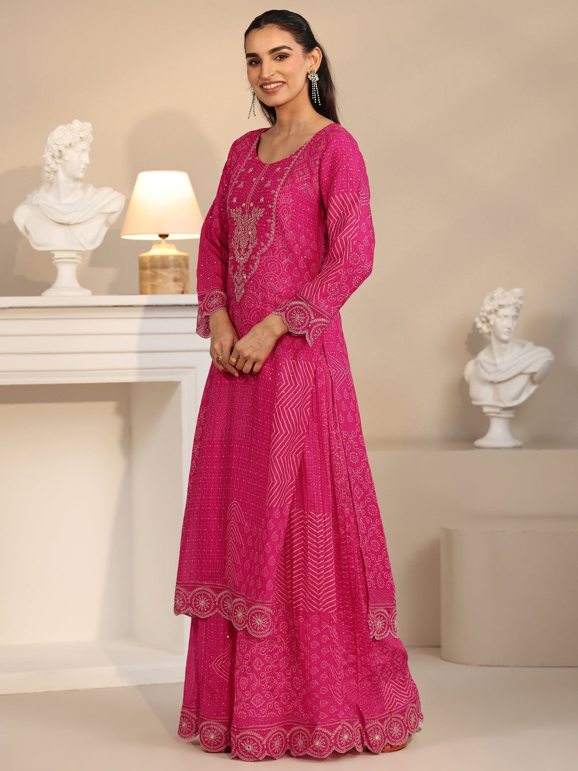 Mameraa Art Rani Pink Bandhani Printed Chinon Palazzo Suit Set