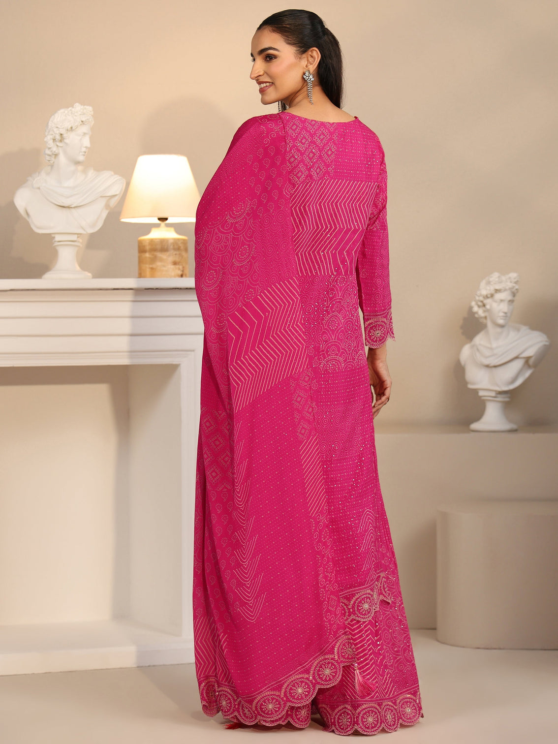 Mameraa Art Rani Pink Bandhani Printed Chinon Palazzo Suit Set