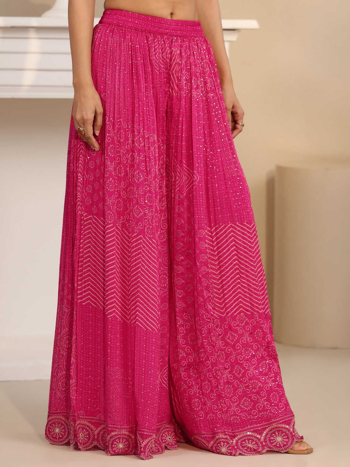 Mameraa Art Rani Pink Bandhani Printed Chinon Palazzo Suit Set