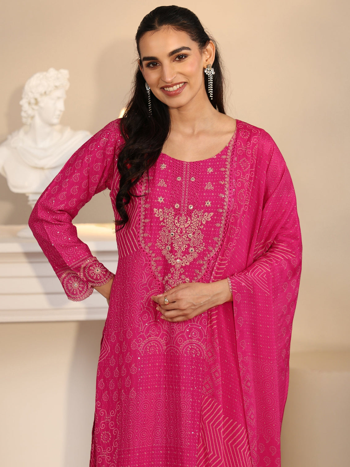 Mameraa Art Rani Pink Bandhani Printed Chinon Palazzo Suit Set