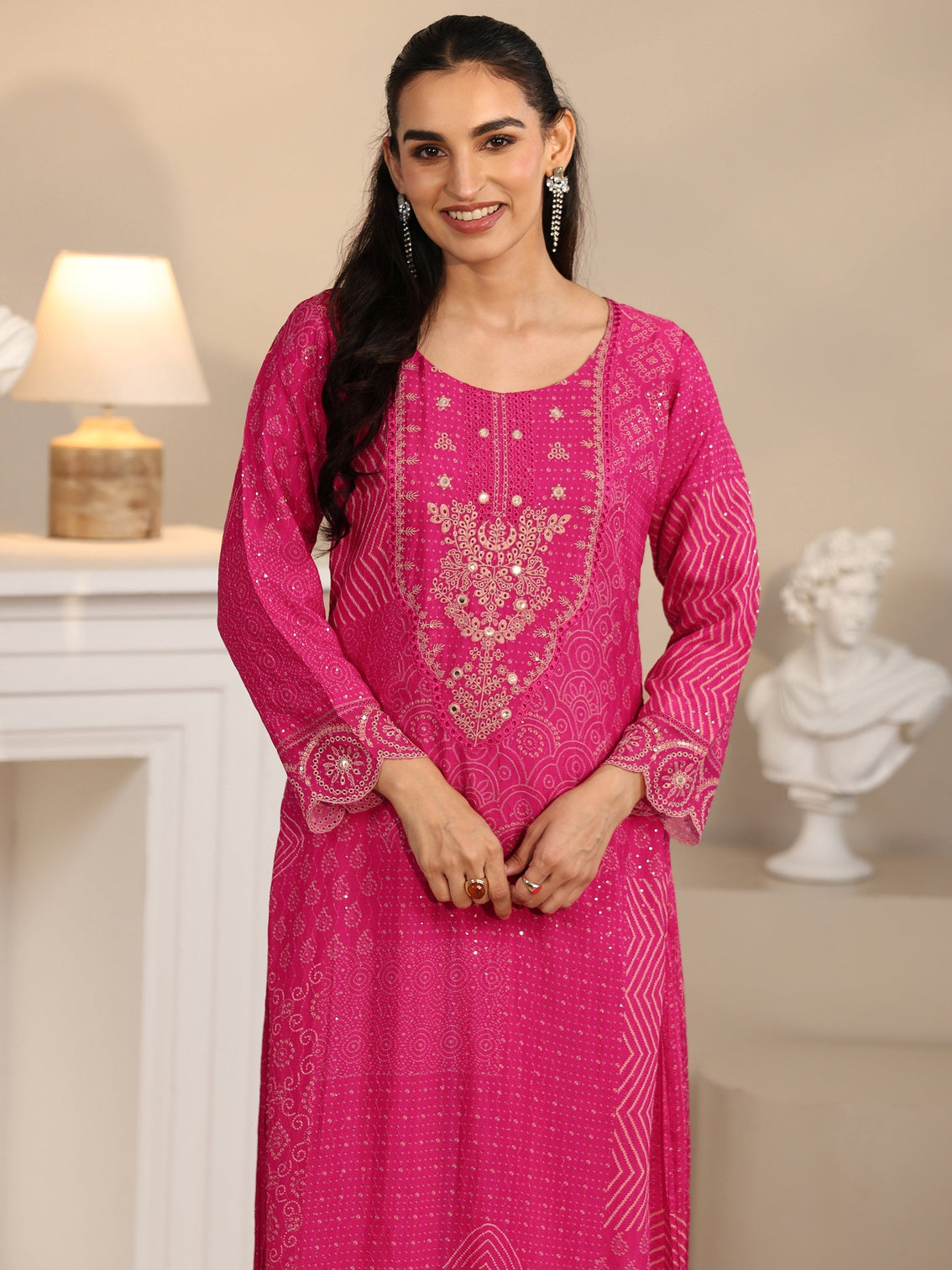 Mameraa Art Rani Pink Bandhani Printed Chinon Palazzo Suit Set