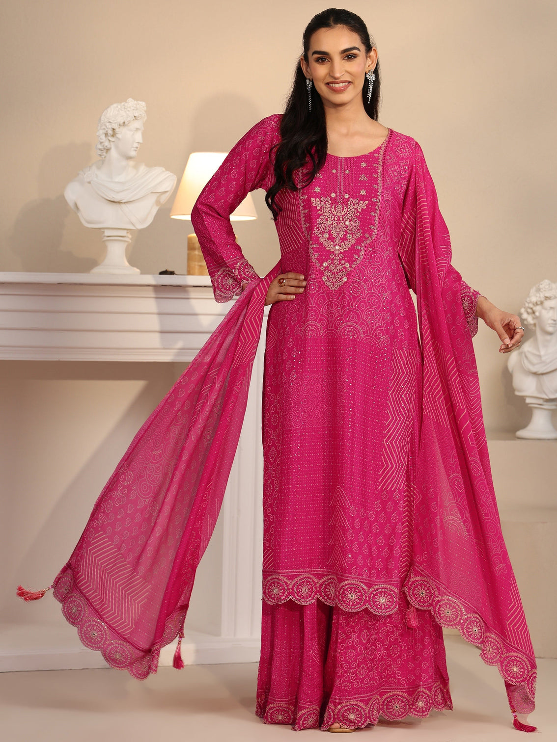 Mameraa Art Rani Pink Bandhani Printed Chinon Palazzo Suit Set
