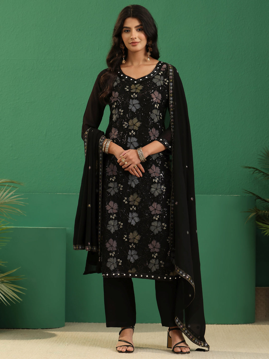 Mameraa Art Black Floral Embellished Georgette Straight Suit Set