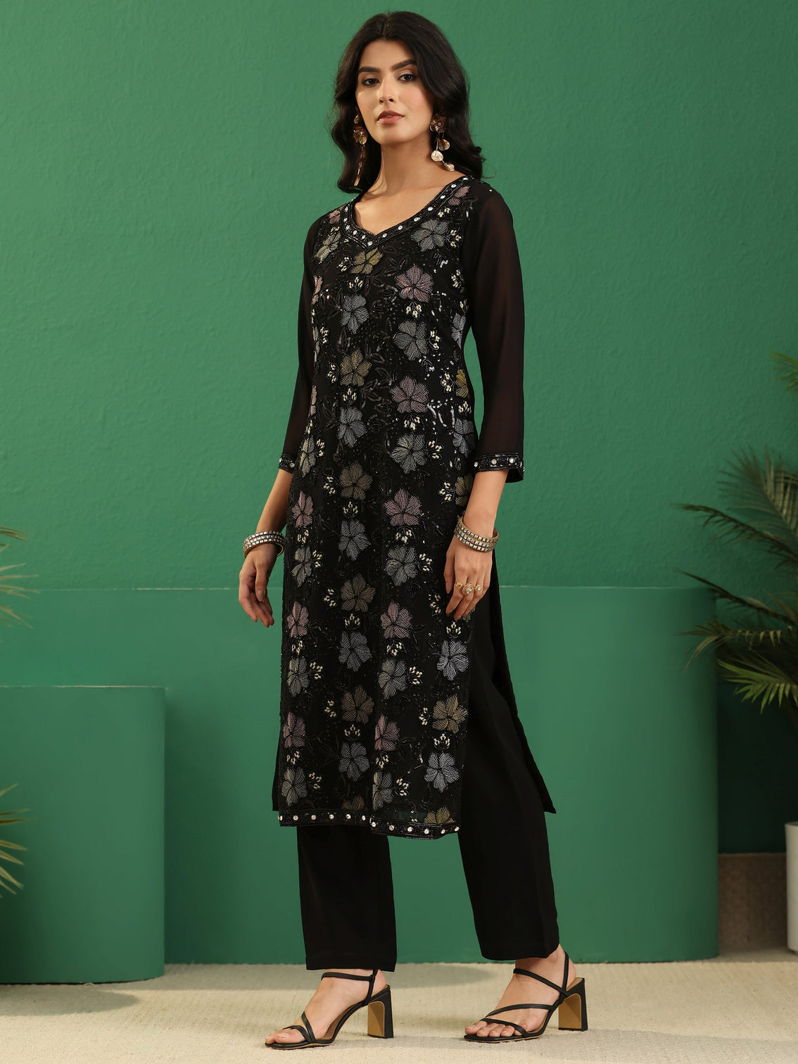 Mameraa Art Black Floral Embellished Georgette Straight Suit Set