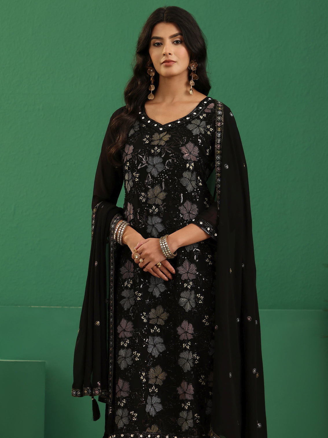 Mameraa Art Black Floral Embellished Georgette Straight Suit Set