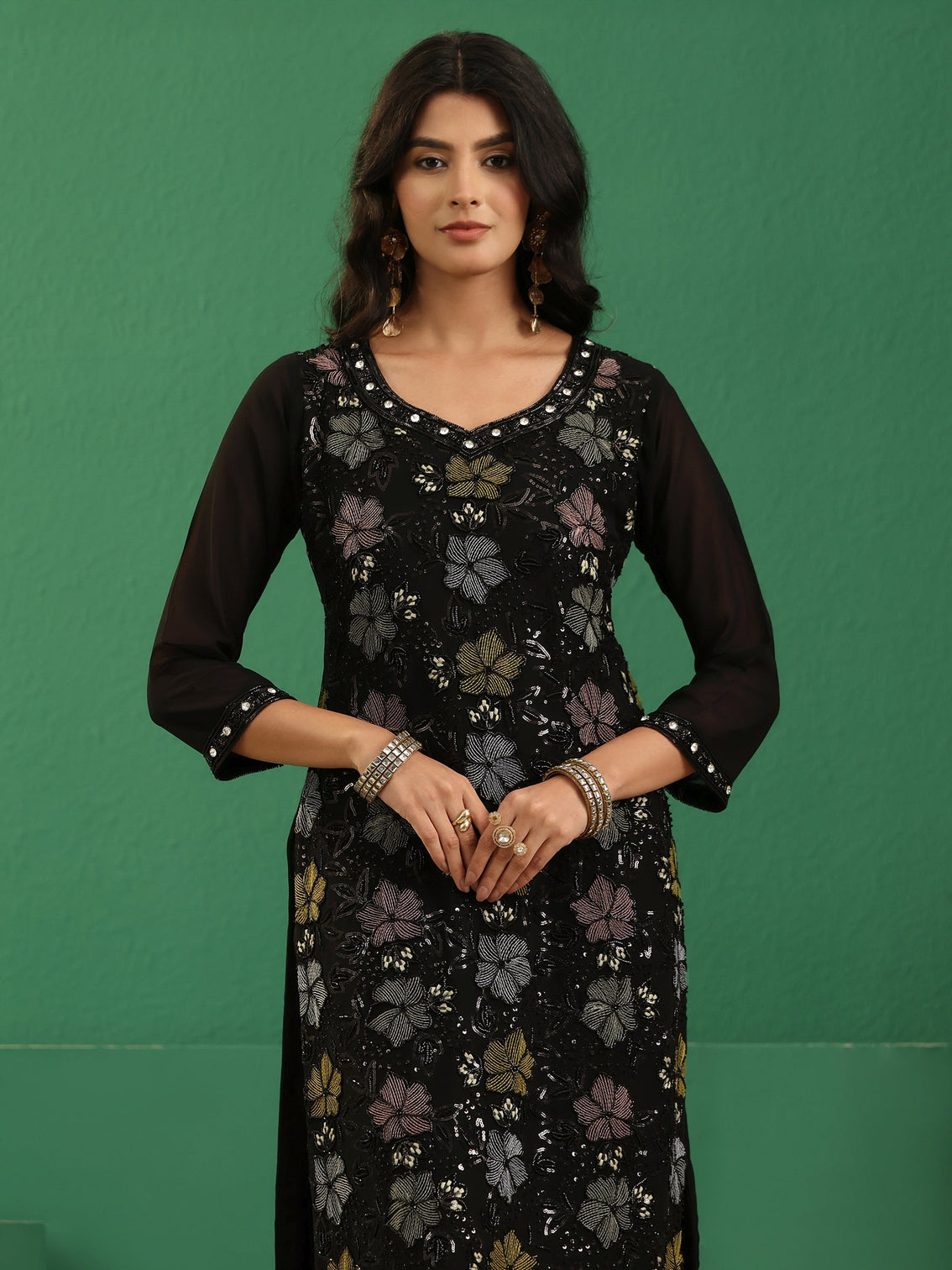 Mameraa Art Black Floral Embellished Georgette Straight Suit Set