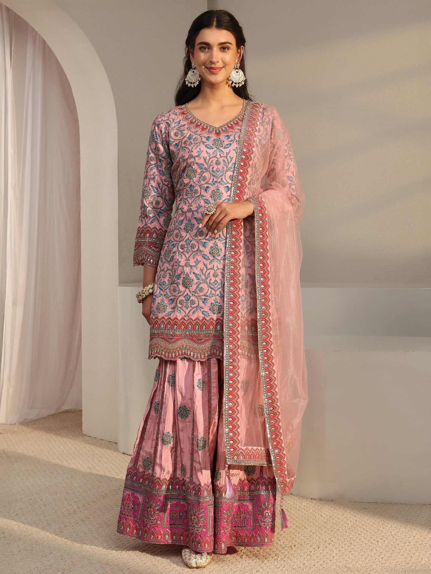 Libas Art Pink Embellished Silk Blend Sharara Suit Set With Dupatta