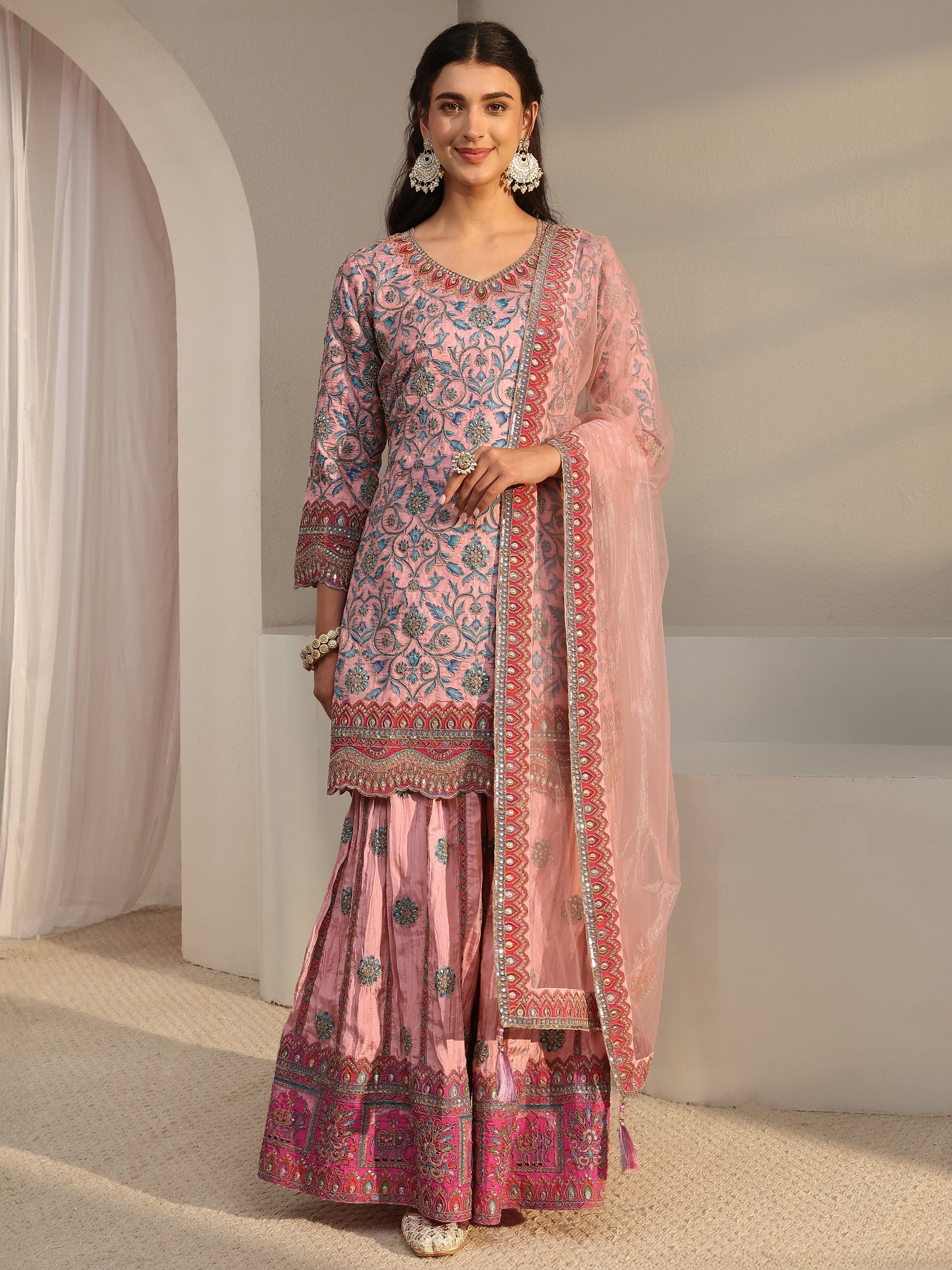 Libas Art Pink Embellished Silk Blend Sharara Suit Set With Dupatta