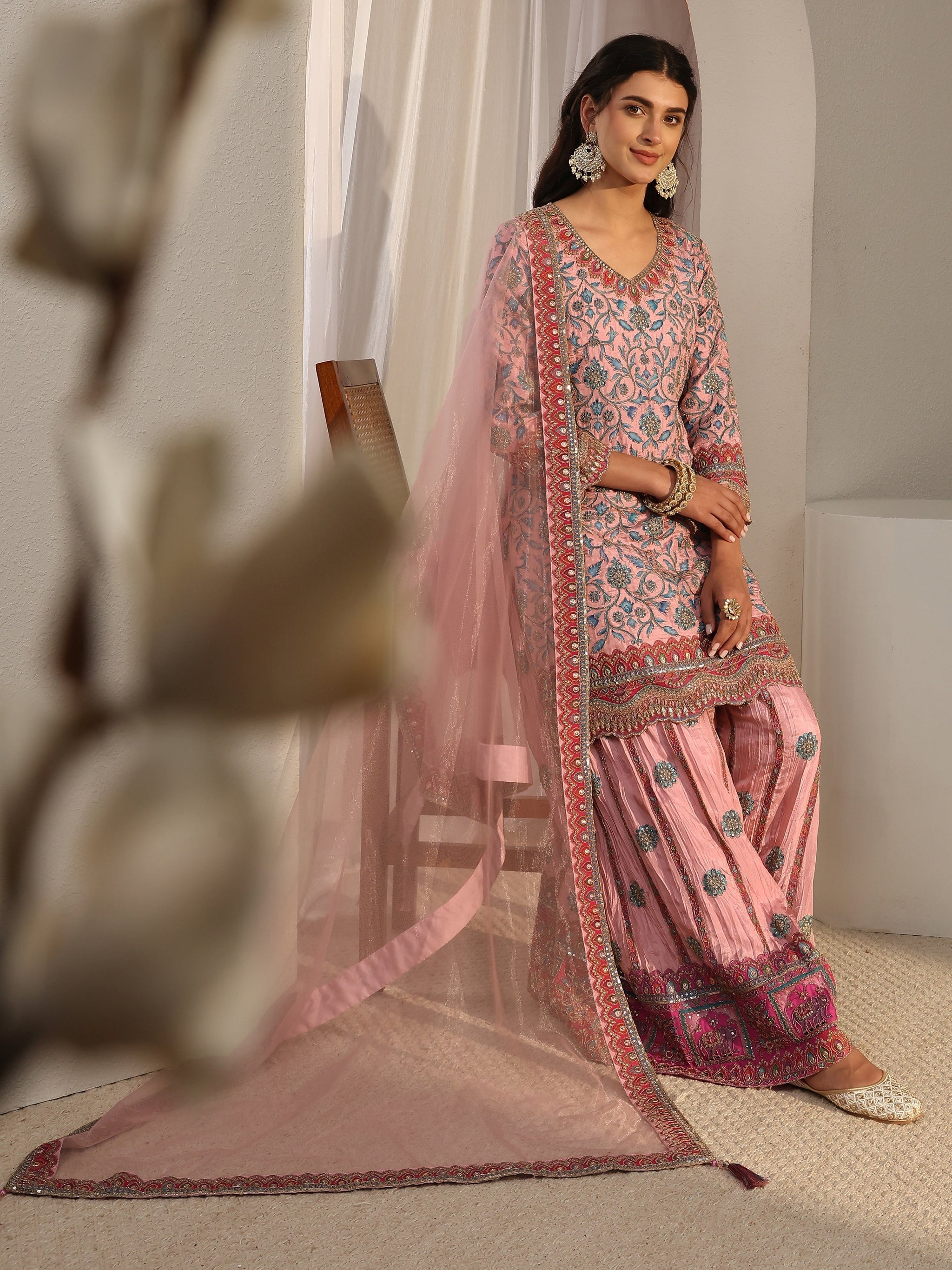 Libas Art Pink Embellished Silk Blend Sharara Suit Set With Dupatta