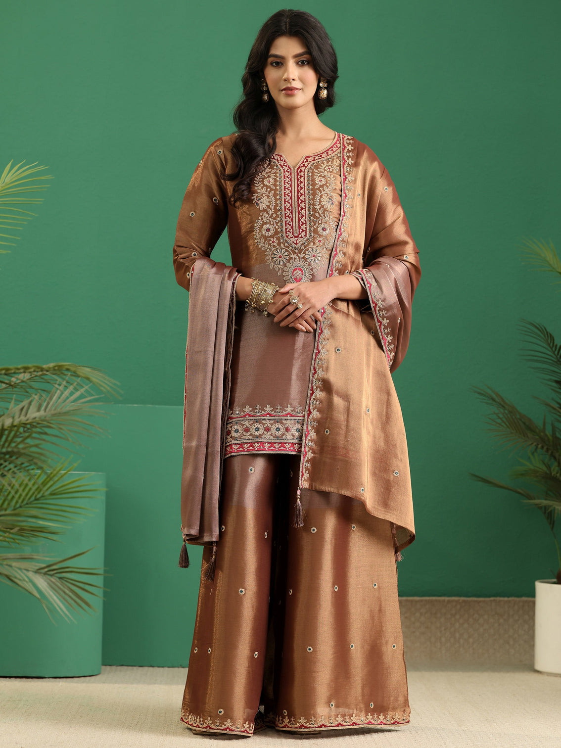 Mameraa Art Brown Floral Embellished Silk Blend Palazzo Suit Set