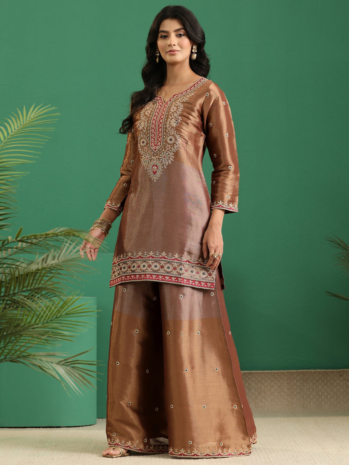 Mameraa Art Brown Floral Embellished Silk Blend Palazzo Suit Set
