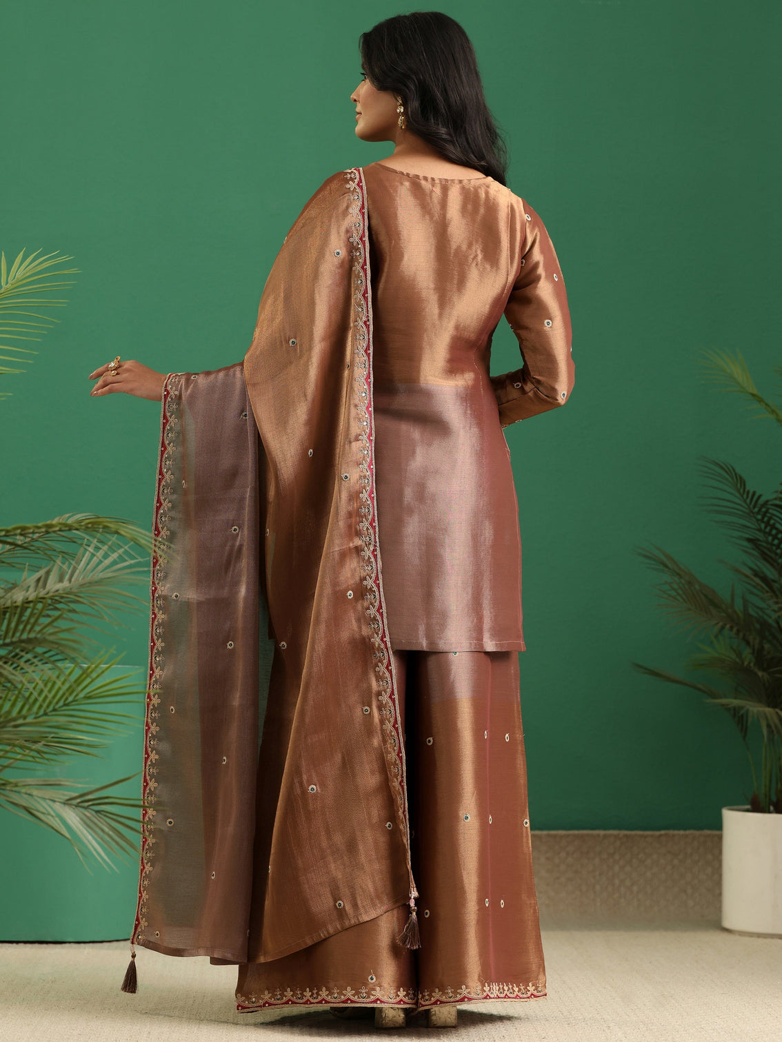 Mameraa Art Brown Floral Embellished Silk Blend Palazzo Suit Set
