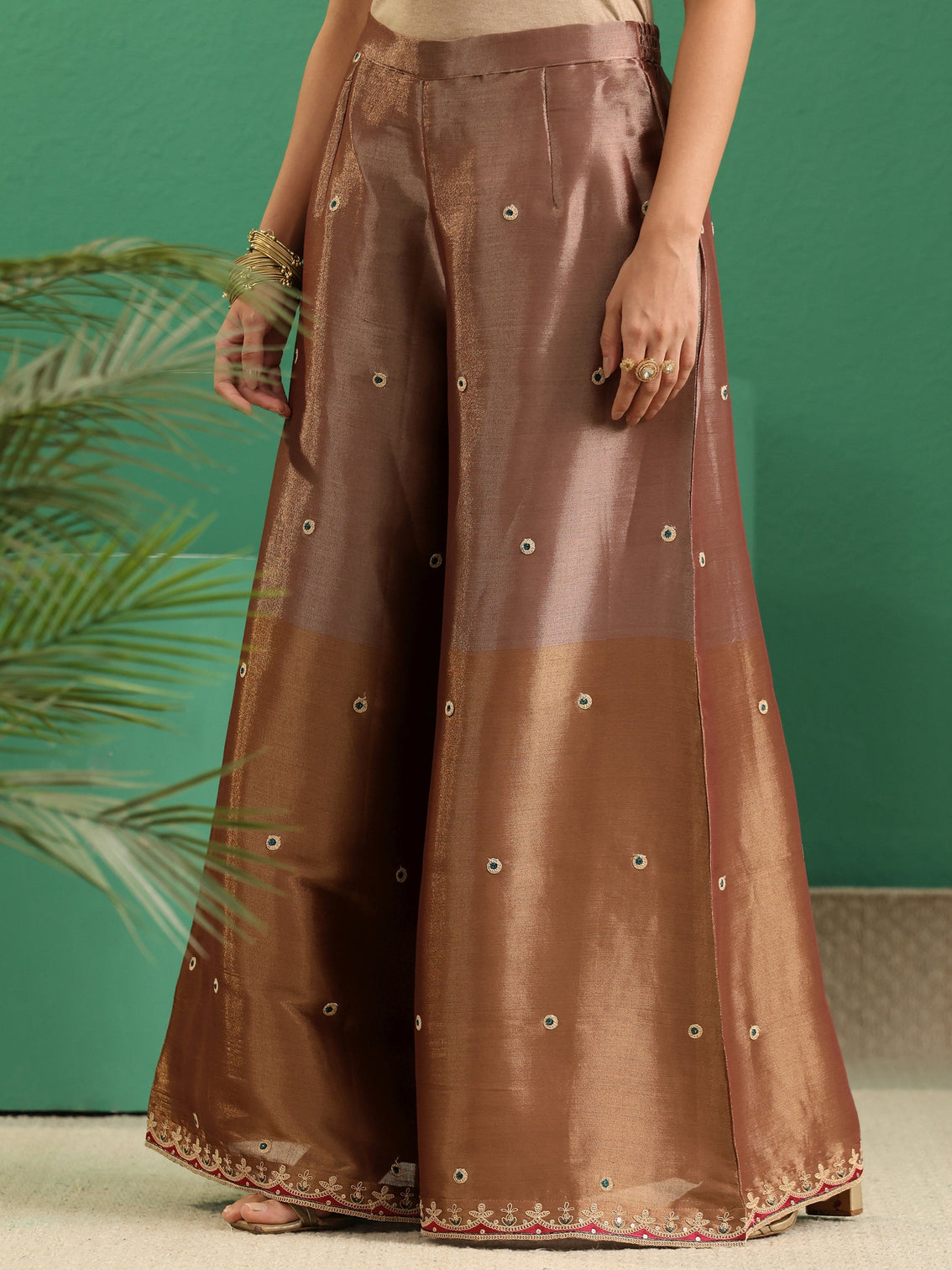 Mameraa Art Brown Floral Embellished Silk Blend Palazzo Suit Set