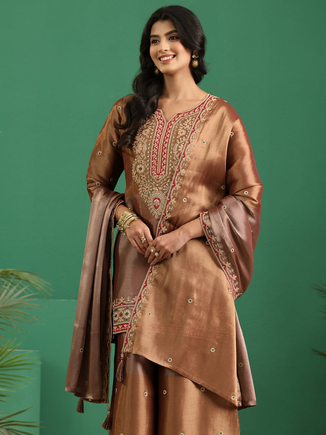 Mameraa Art Brown Floral Embellished Silk Blend Palazzo Suit Set