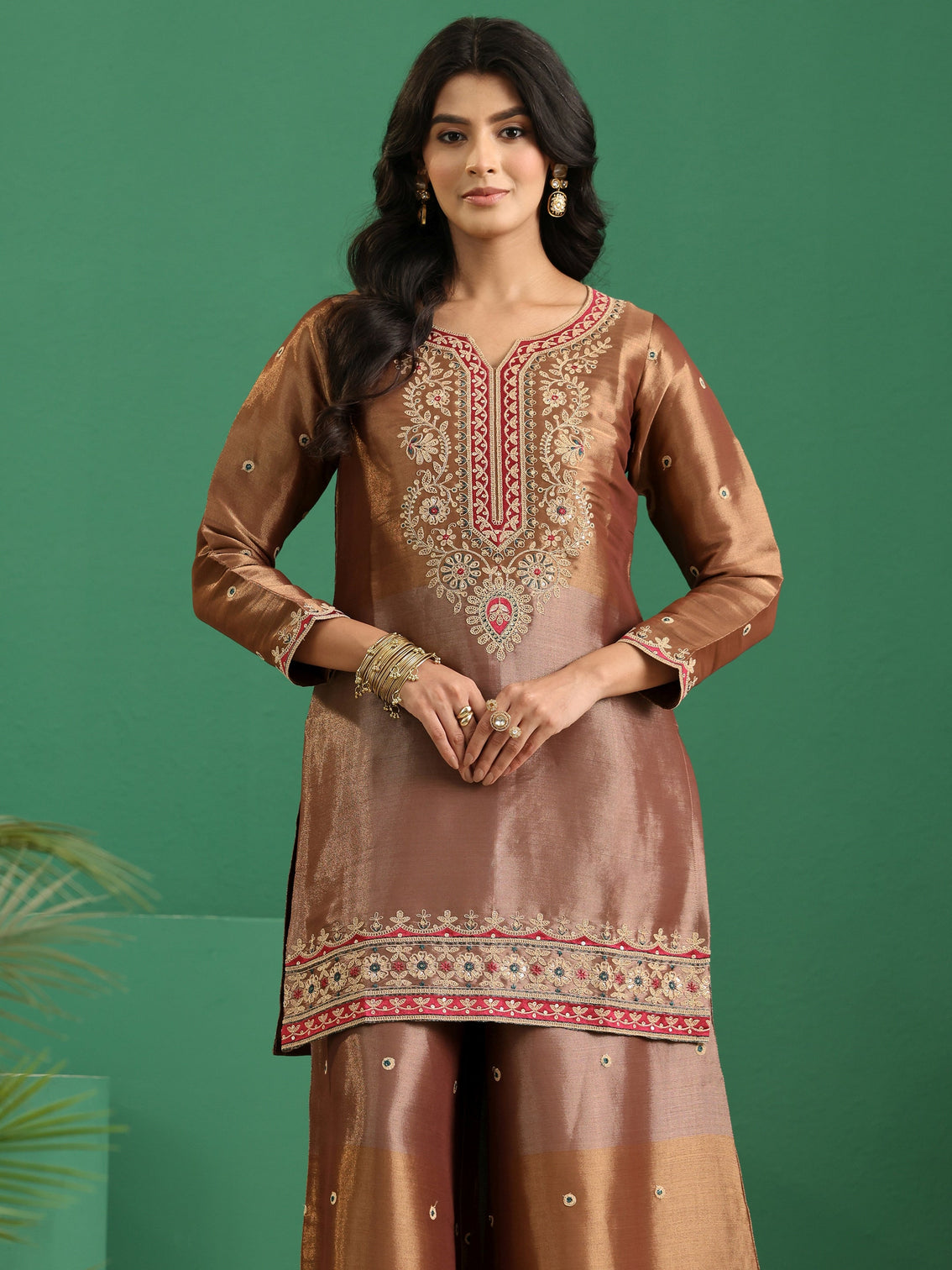 Mameraa Art Brown Floral Embellished Silk Blend Palazzo Suit Set