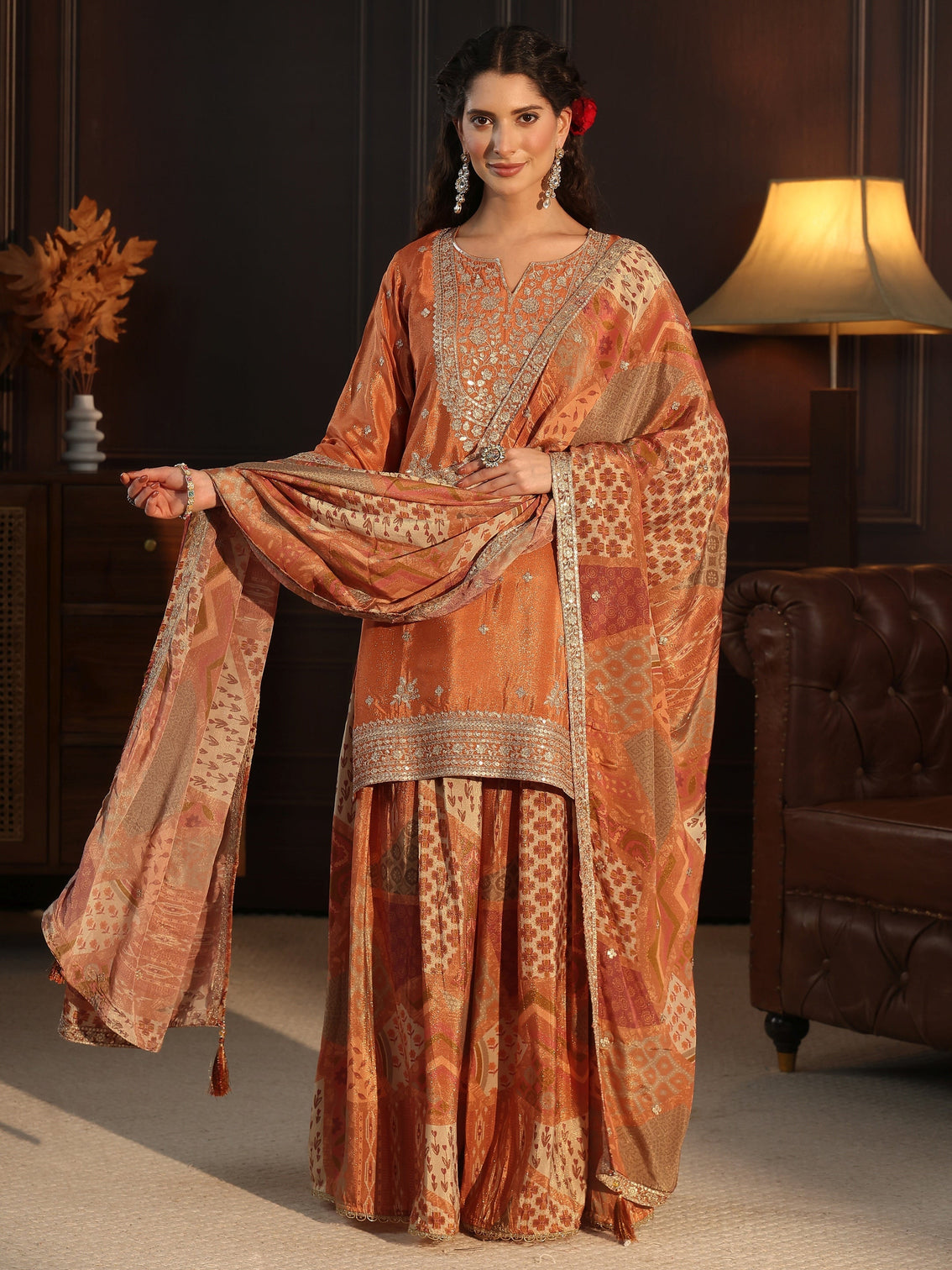 Mameraa Art Orange Floral Embellished Tissue Palazzo Suit Set