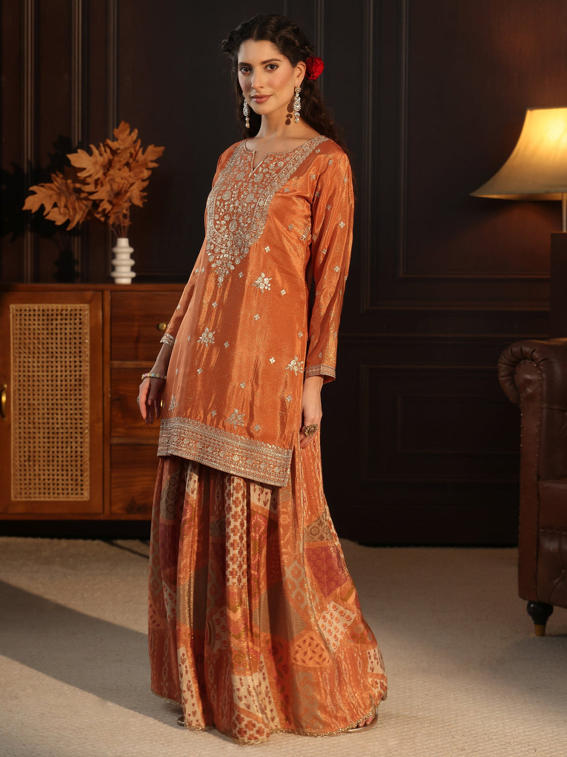 Mameraa Art Orange Floral Embellished Tissue Palazzo Suit Set