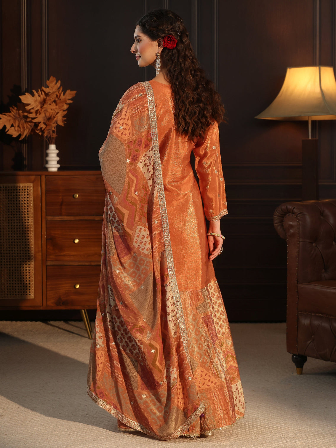Mameraa Art Orange Floral Embellished Tissue Palazzo Suit Set