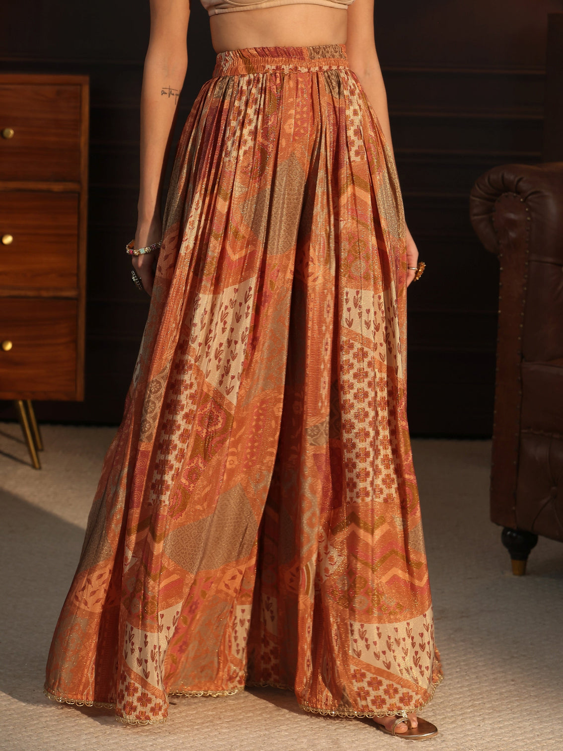 Mameraa Art Orange Floral Embellished Tissue Palazzo Suit Set