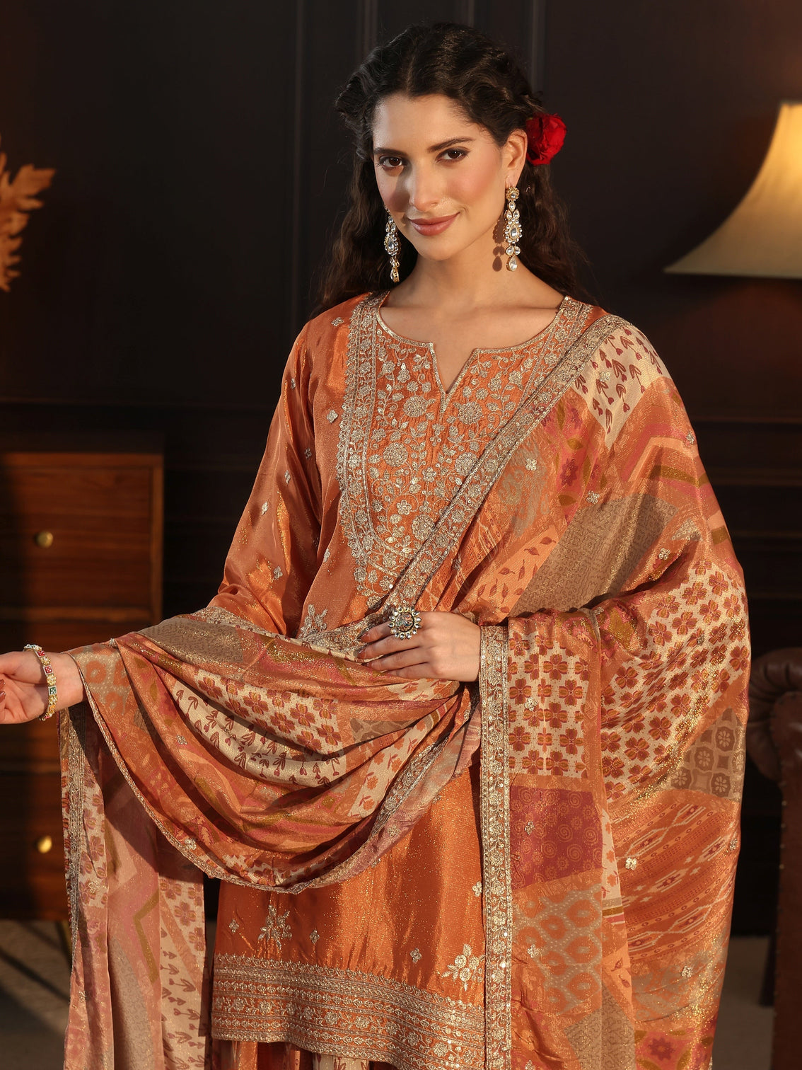 Mameraa Art Orange Floral Embellished Tissue Palazzo Suit Set