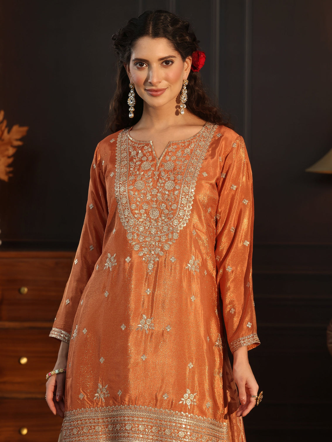Mameraa Art Orange Floral Embellished Tissue Palazzo Suit Set