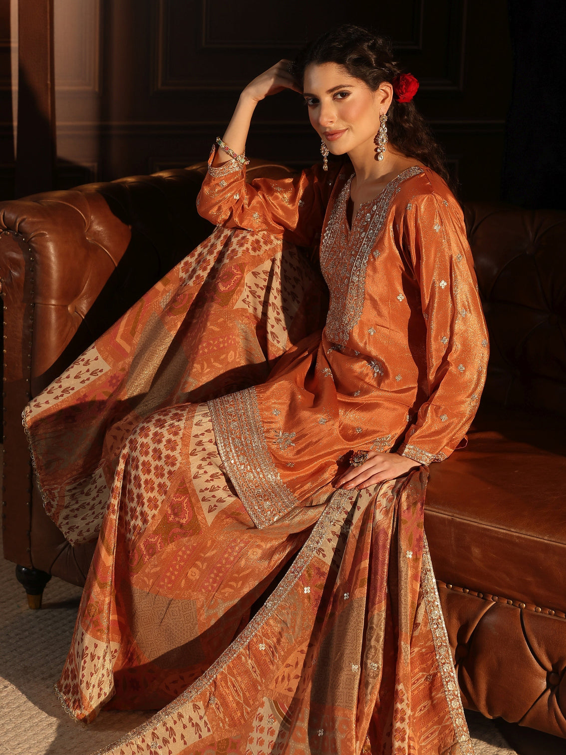 Mameraa Art Orange Floral Embellished Tissue Palazzo Suit Set
